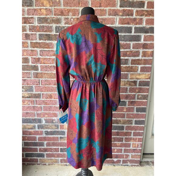 NWT Vintage fall dress - Leslie Fay - leaves - shirt dress - midi - 70s - size S - Picture 7 of 11
